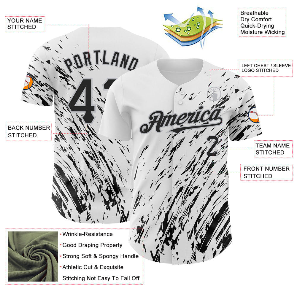 Custom White Black-Gray 3D Pattern Design Abstract Splash Authentic Baseball Jersey