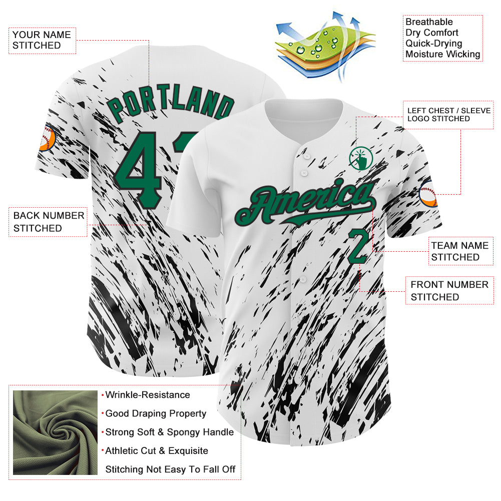 Custom White Kelly Green-Black 3D Pattern Design Abstract Splash Authentic Baseball Jersey