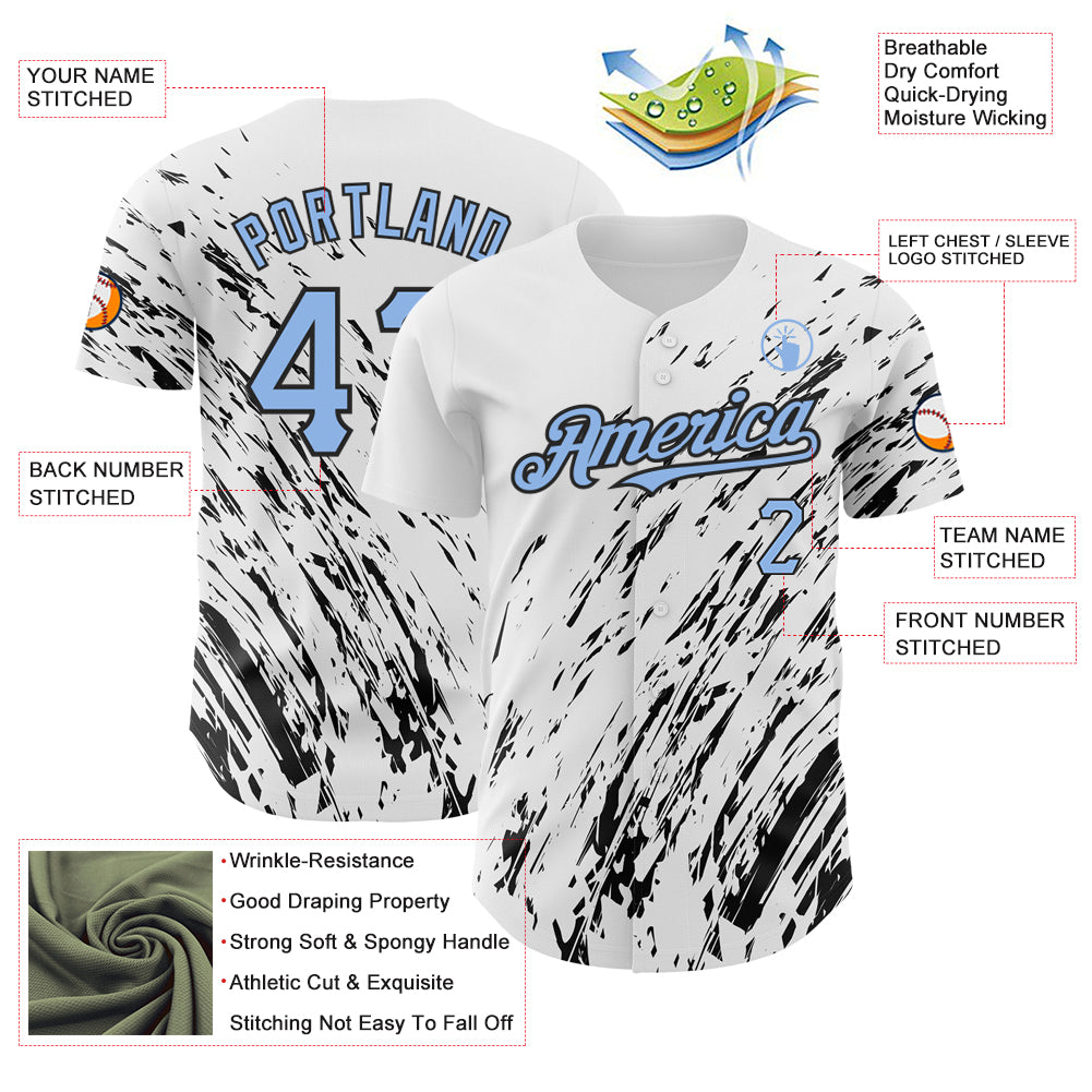 Custom White Light Blue-Black 3D Pattern Design Abstract Splash Authentic Baseball Jersey