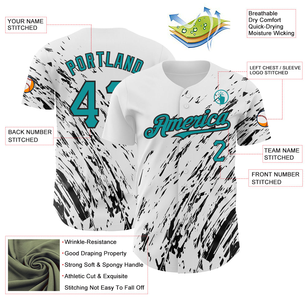 Custom White Teal-Black 3D Pattern Design Abstract Splash Authentic Baseball Jersey