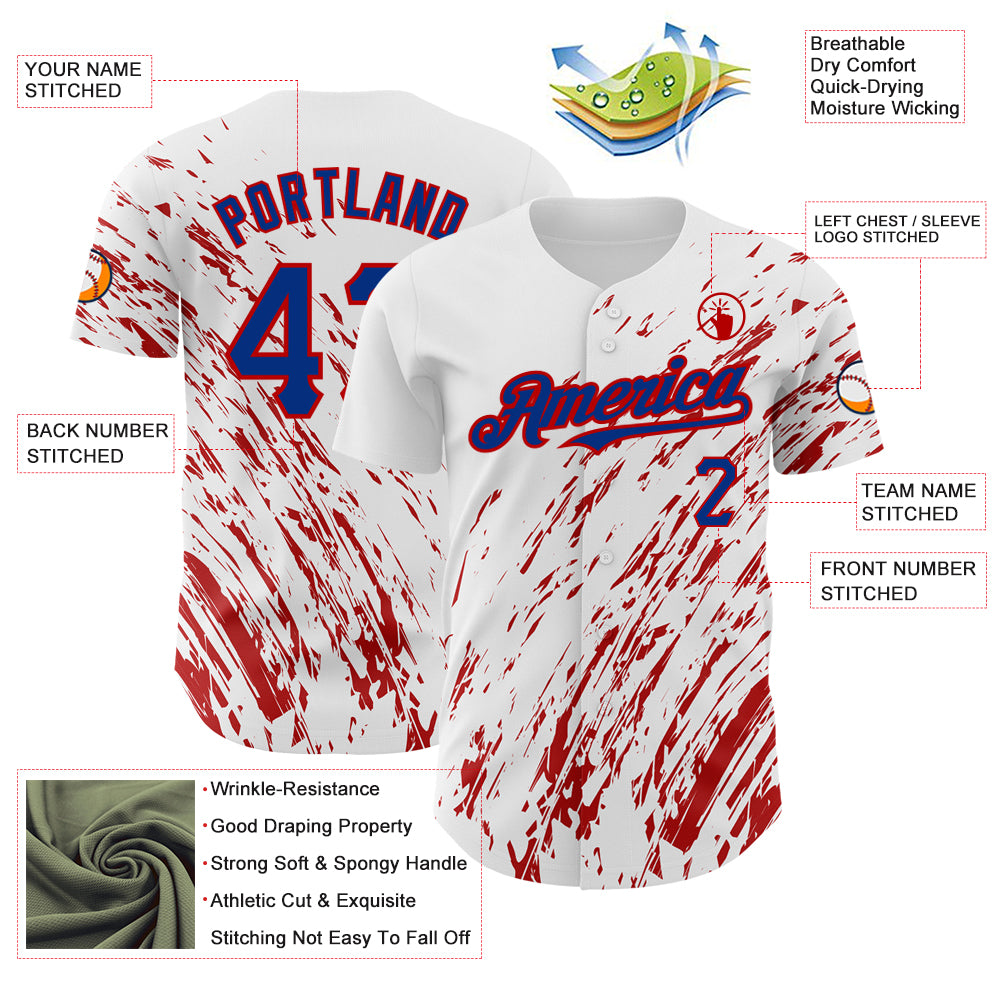 Custom White Royal-Red 3D Pattern Design Abstract Splash Authentic Baseball Jersey