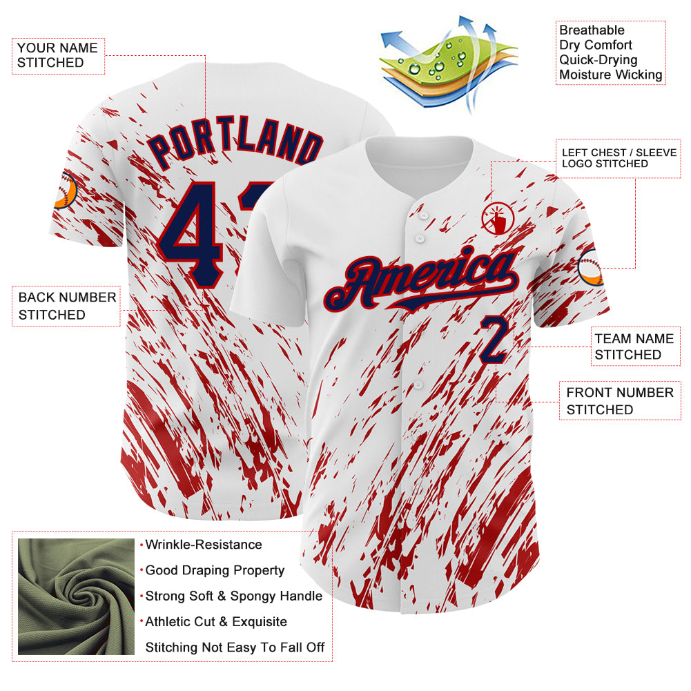 Custom White Navy-Red 3D Pattern Design Abstract Splash Authentic Baseball Jersey