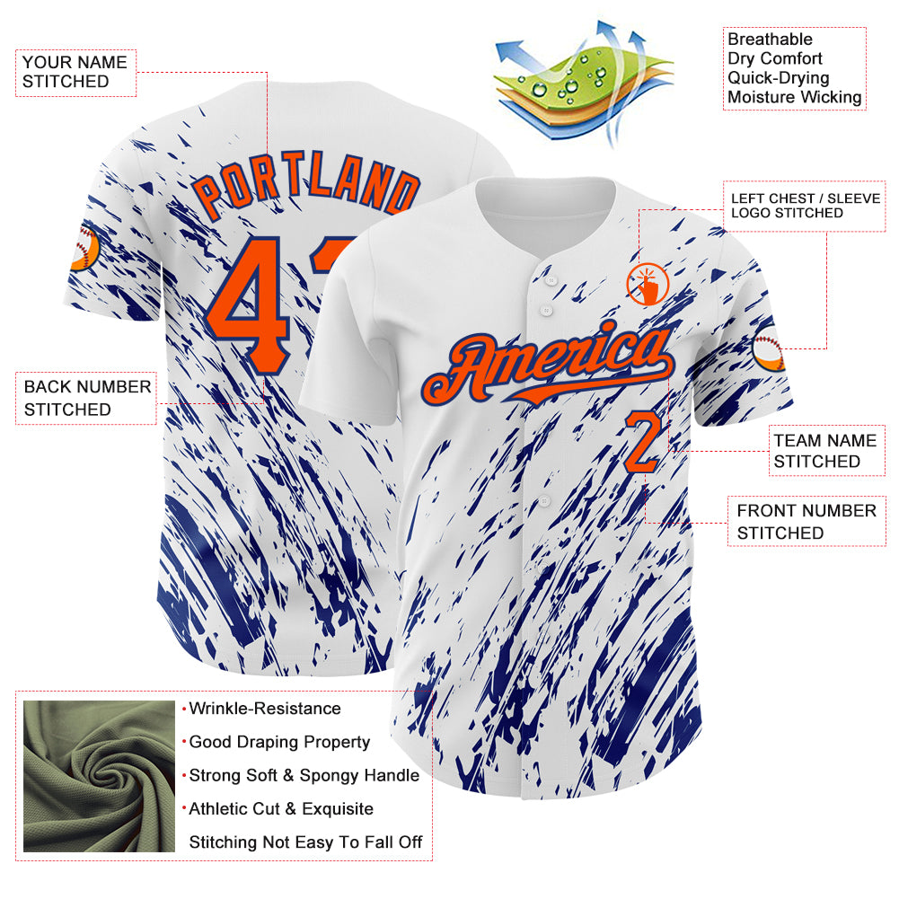 Custom White Orange-Royal 3D Pattern Design Abstract Splash Authentic Baseball Jersey
