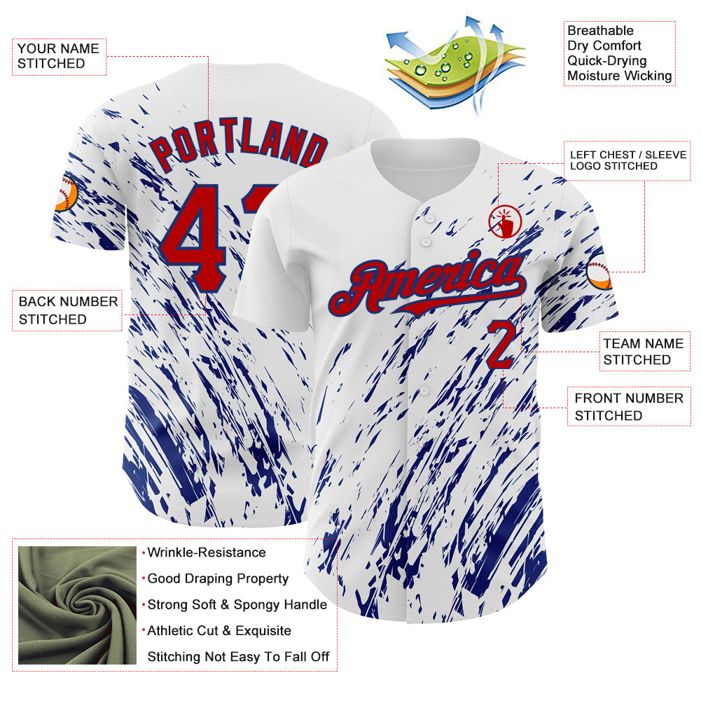 Custom White Red-Royal 3D Pattern Design Abstract Splash Authentic Baseball Jersey