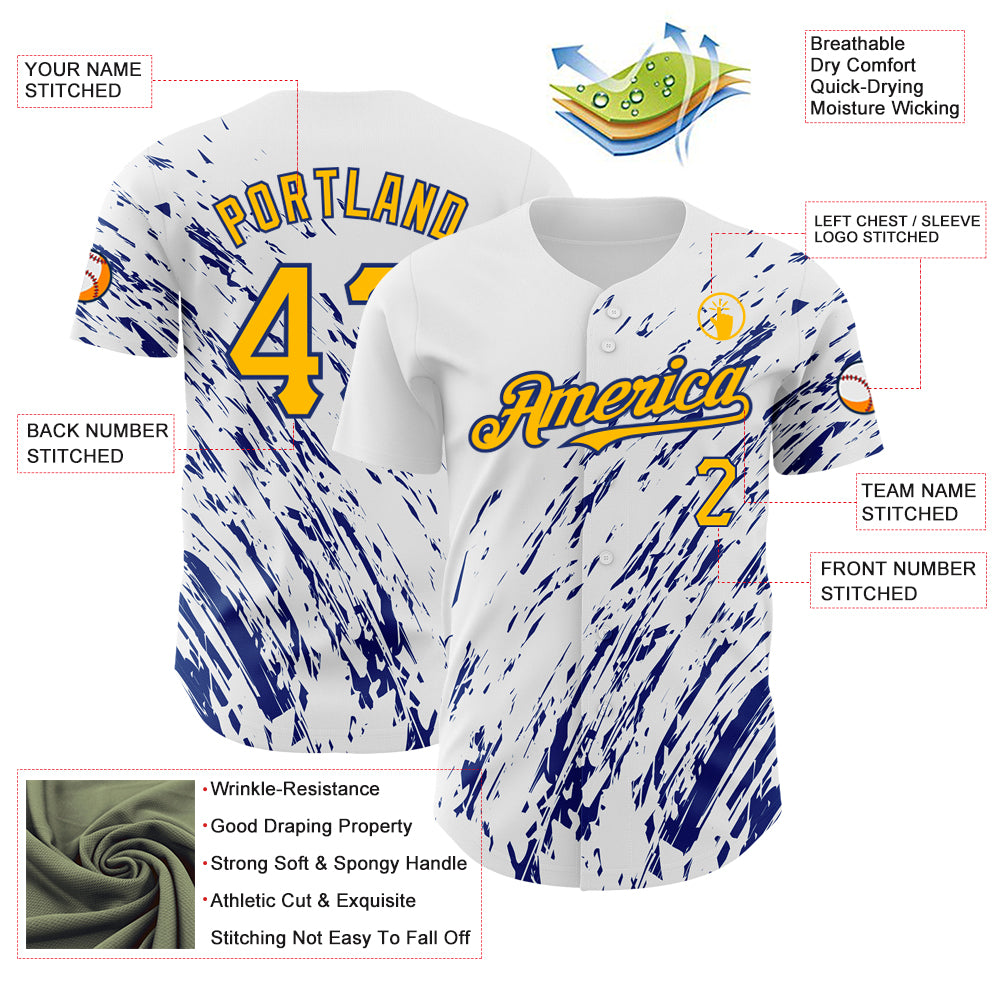 Custom White Gold-Royal 3D Pattern Design Abstract Splash Authentic Baseball Jersey