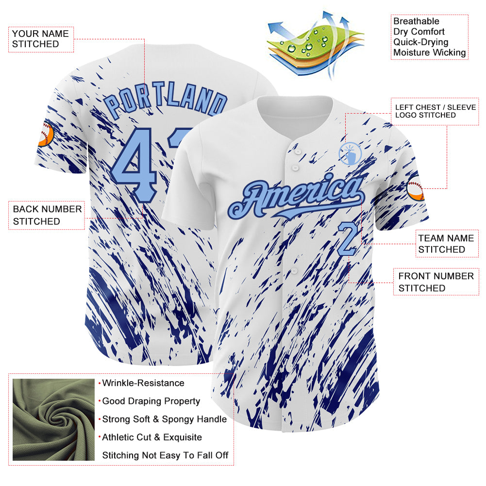 Custom White Light Blue-Royal 3D Pattern Design Abstract Splash Authentic Baseball Jersey