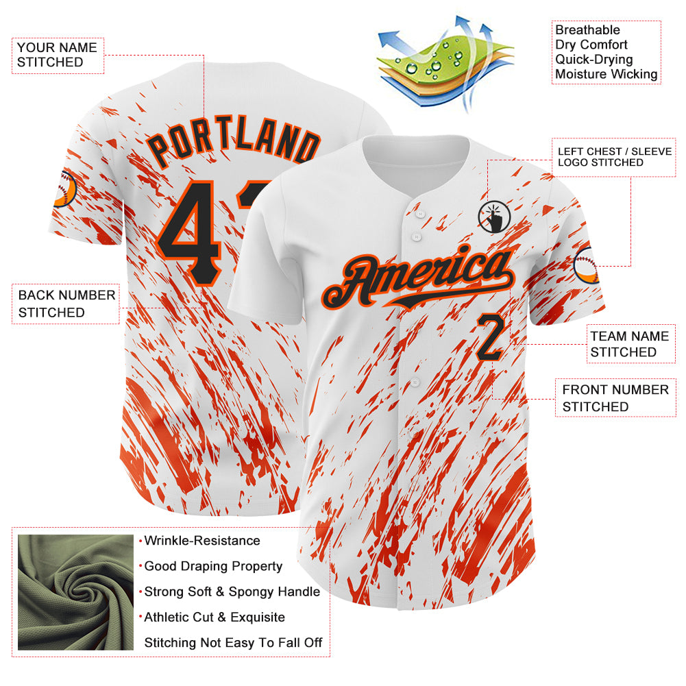 Custom White Black-Orange 3D Pattern Design Abstract Splash Authentic Baseball Jersey