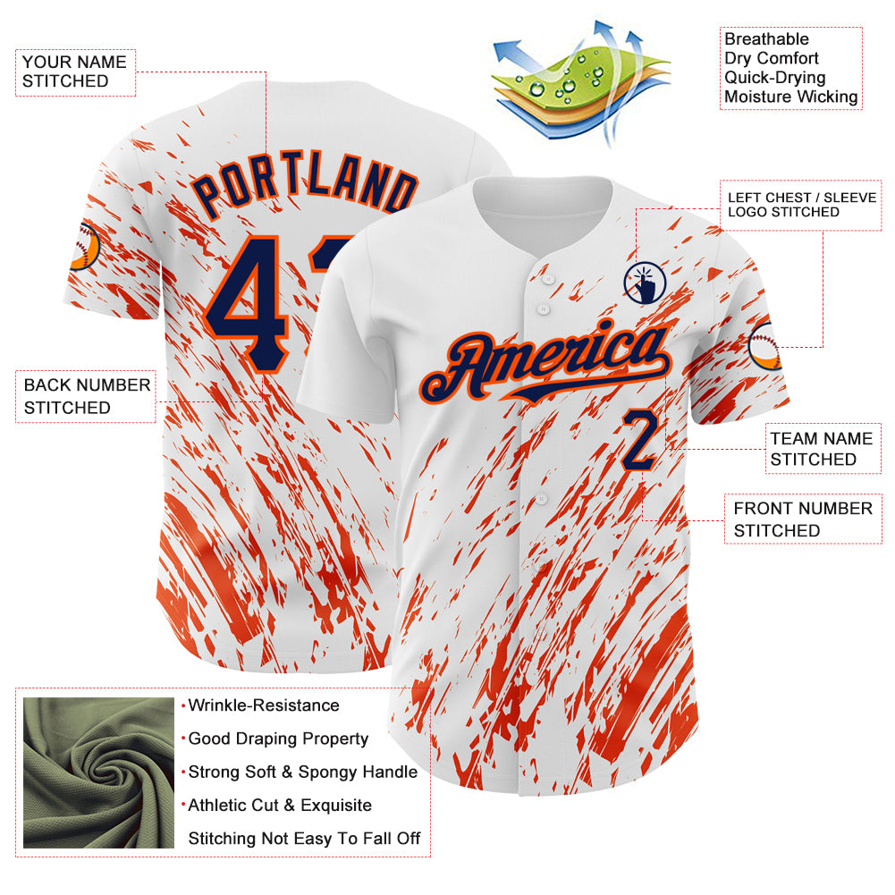 Custom White Navy-Orange 3D Pattern Design Abstract Splash Authentic Baseball Jersey