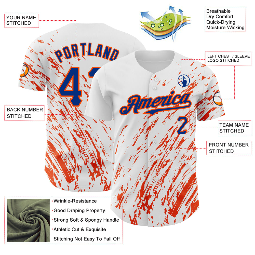 Custom White Royal-Orange 3D Pattern Design Abstract Splash Authentic Baseball Jersey