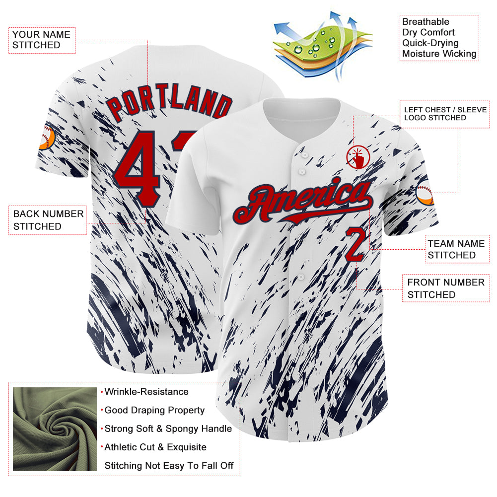 Custom White Red-Navy 3D Pattern Design Abstract Splash Authentic Baseball Jersey