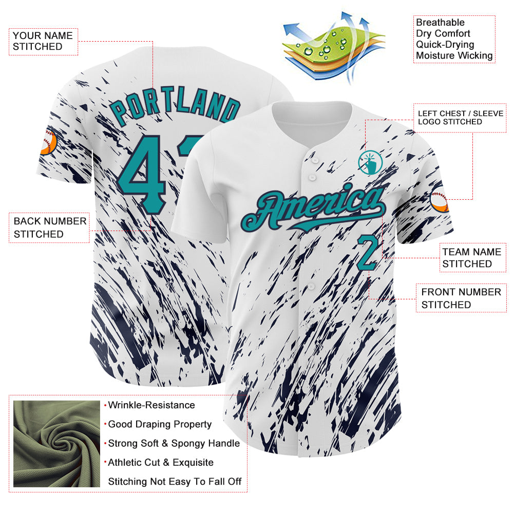 Custom White Teal-Navy 3D Pattern Design Abstract Splash Authentic Baseball Jersey