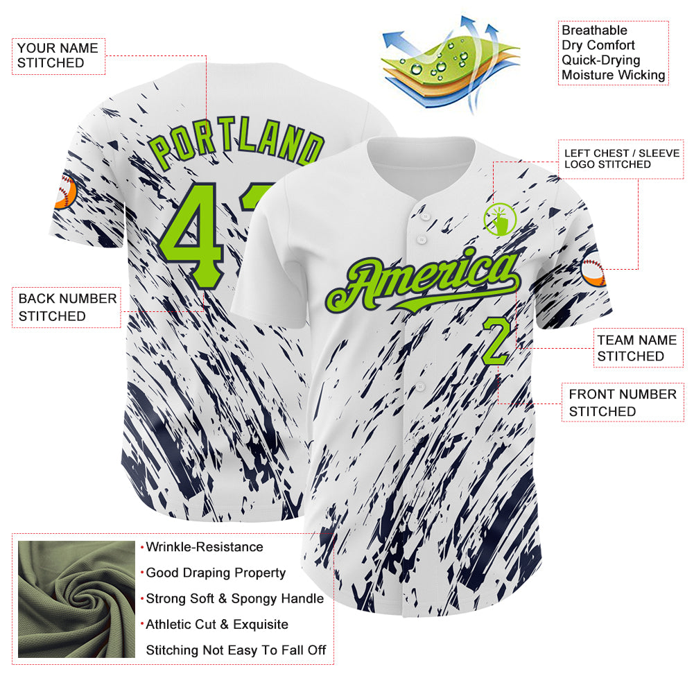 Custom White Neon Green-Navy 3D Pattern Design Abstract Splash Authentic Baseball Jersey