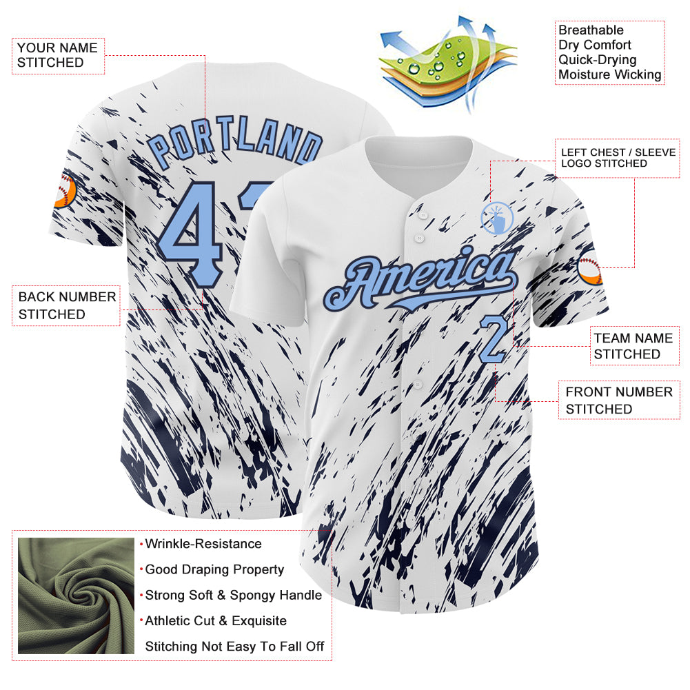 Custom White Light Blue-Navy 3D Pattern Design Abstract Splash Authentic Baseball Jersey