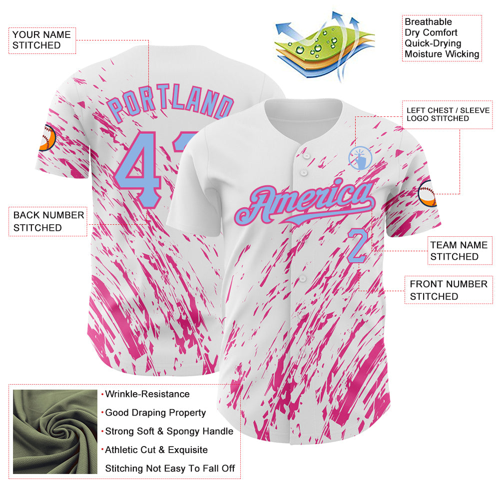 Custom White Light Blue-Pink 3D Pattern Design Abstract Splash Authentic Baseball Jersey