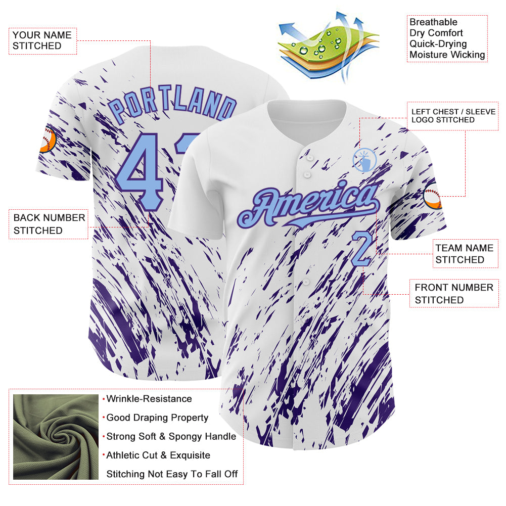 Custom White Light Blue-Purple 3D Pattern Design Abstract Splash Authentic Baseball Jersey