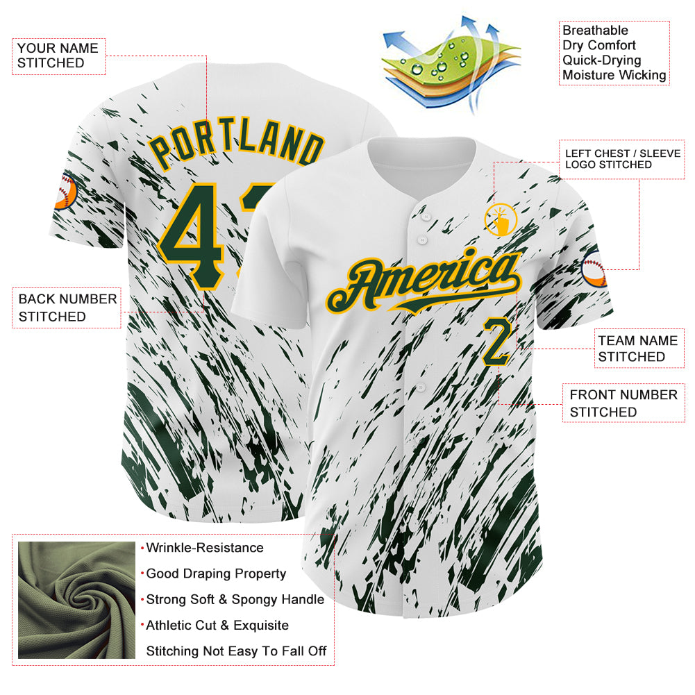 Custom White Green-Gold 3D Pattern Design Abstract Splash Authentic Baseball Jersey
