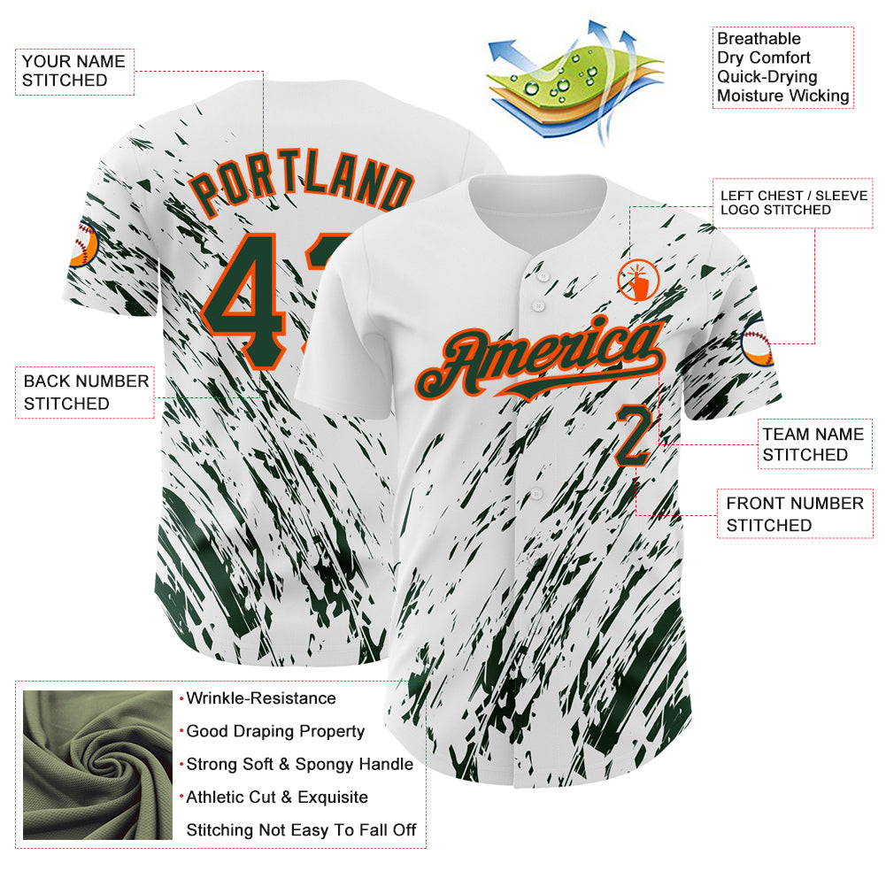 Custom White Green-Orange 3D Pattern Design Abstract Splash Authentic Baseball Jersey