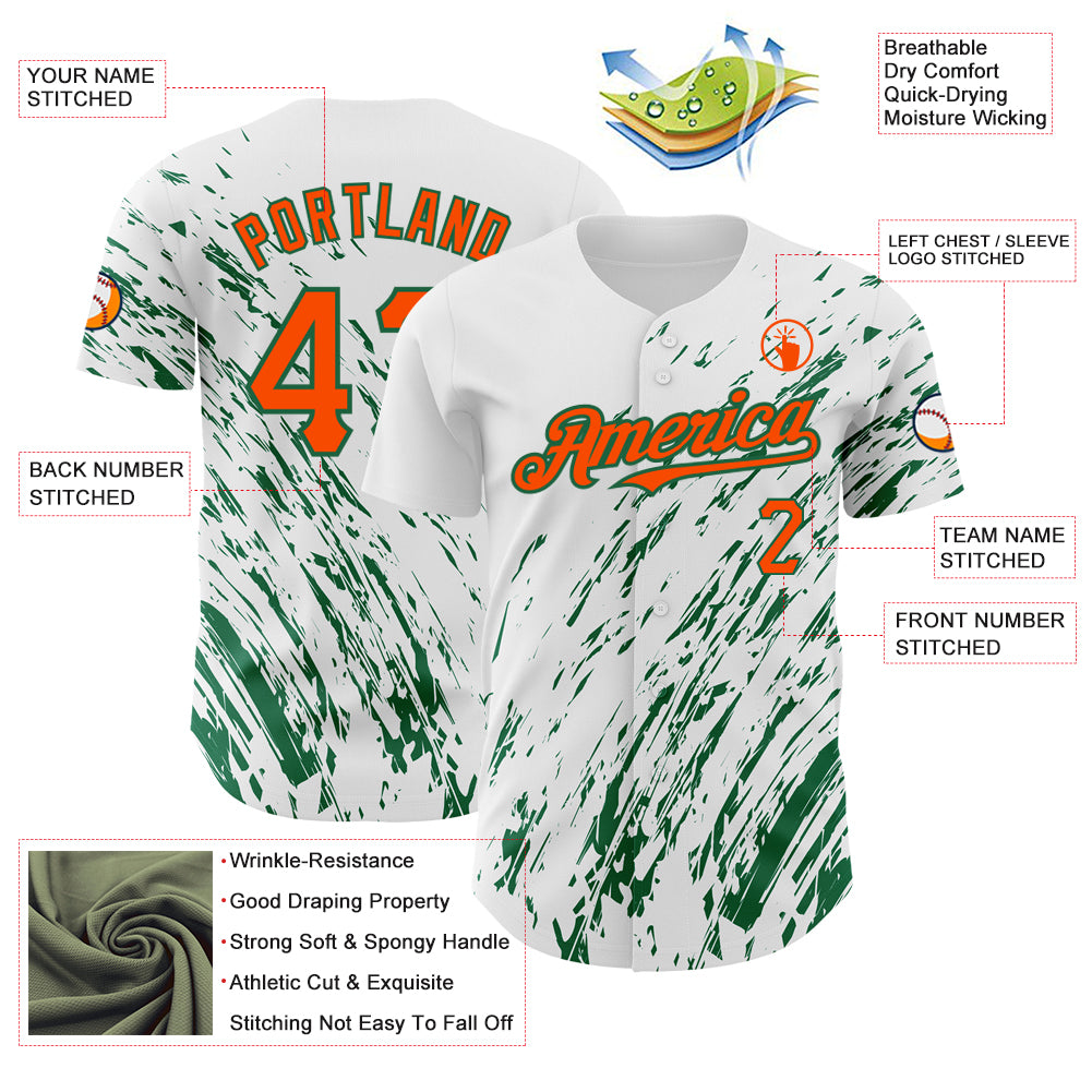 Custom White Orange-Kelly Green 3D Pattern Design Abstract Splash Authentic Baseball Jersey