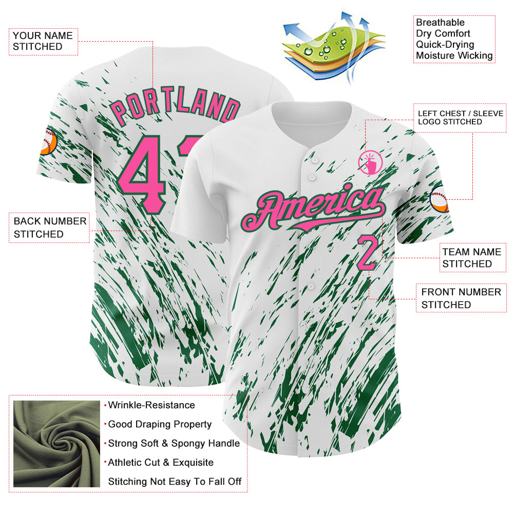 Custom White Pink-Kelly Green 3D Pattern Design Abstract Splash Authentic Baseball Jersey