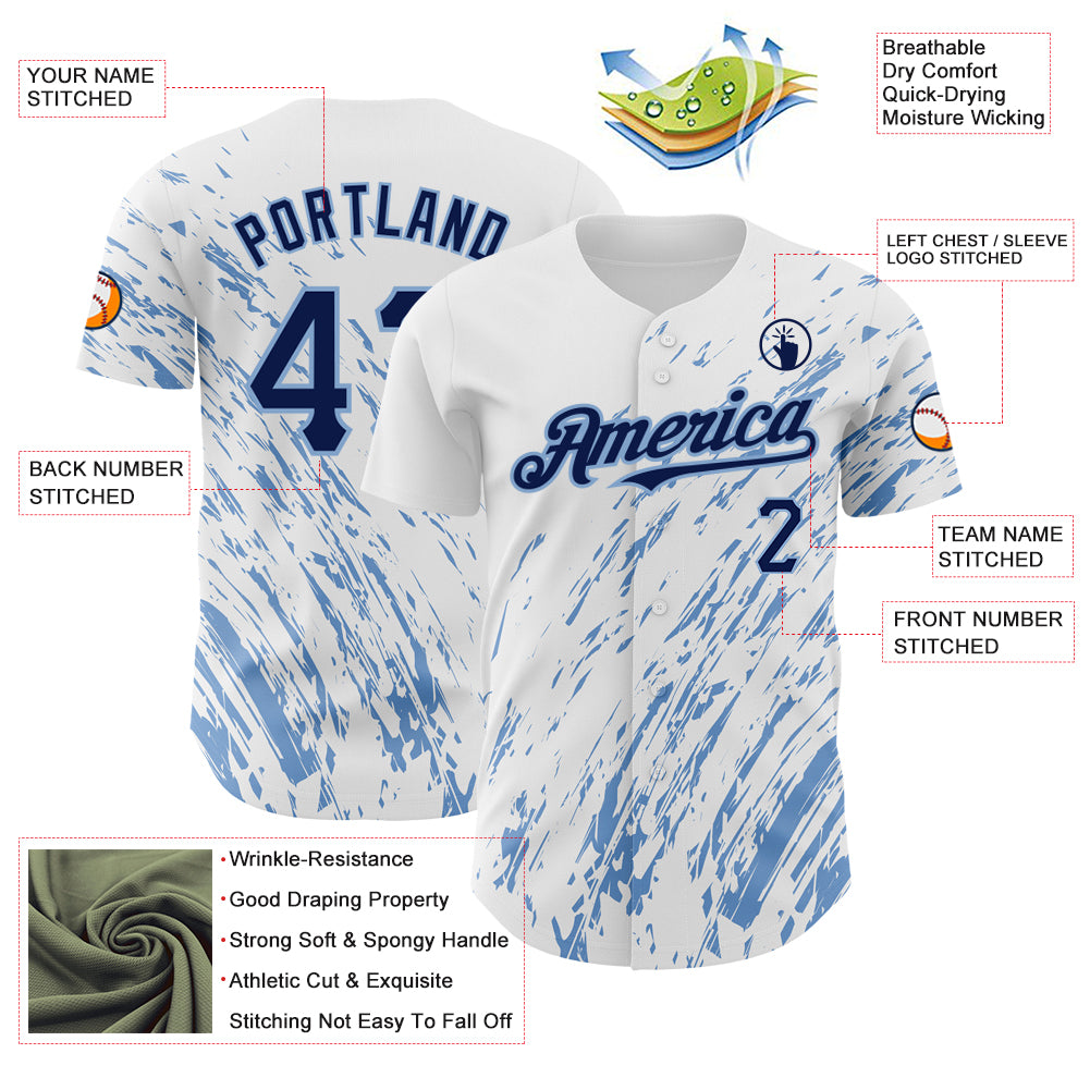 Custom White Navy-Light Blue 3D Pattern Design Abstract Splash Authentic Baseball Jersey