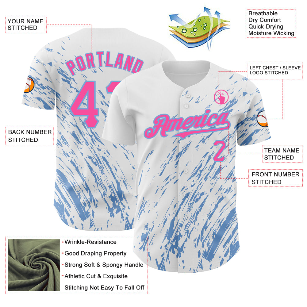 Custom White Pink-Light Blue 3D Pattern Design Abstract Splash Authentic Baseball Jersey