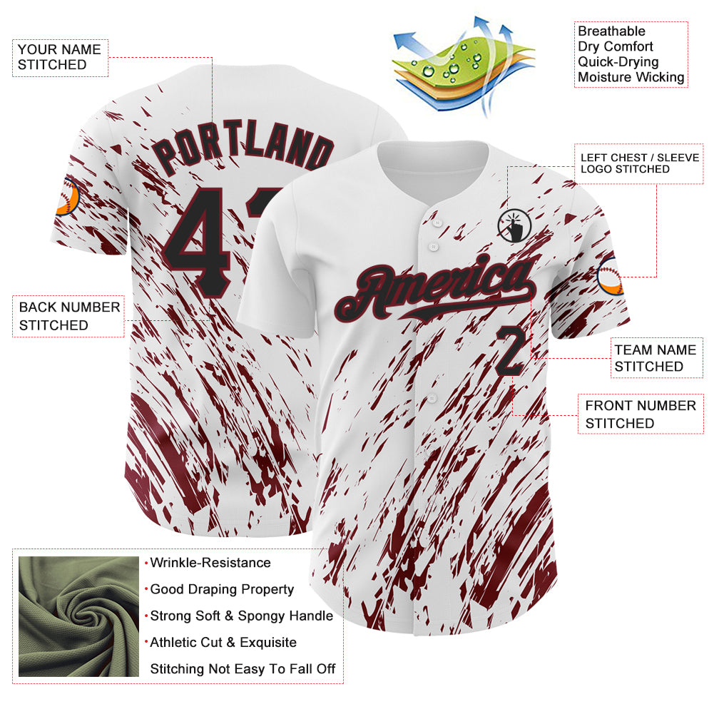 Custom White Black-Crimson 3D Pattern Design Abstract Splash Authentic Baseball Jersey