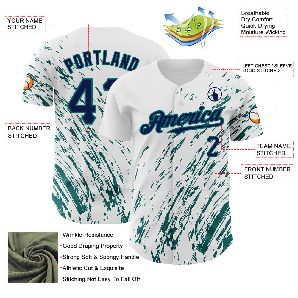 Custom White Navy-Teal 3D Pattern Design Abstract Splash Authentic Baseball Jersey