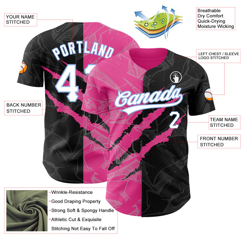 Custom Graffiti Pattern Black Pink-Light Blue 3D Scratch Authentic Baseball Jersey