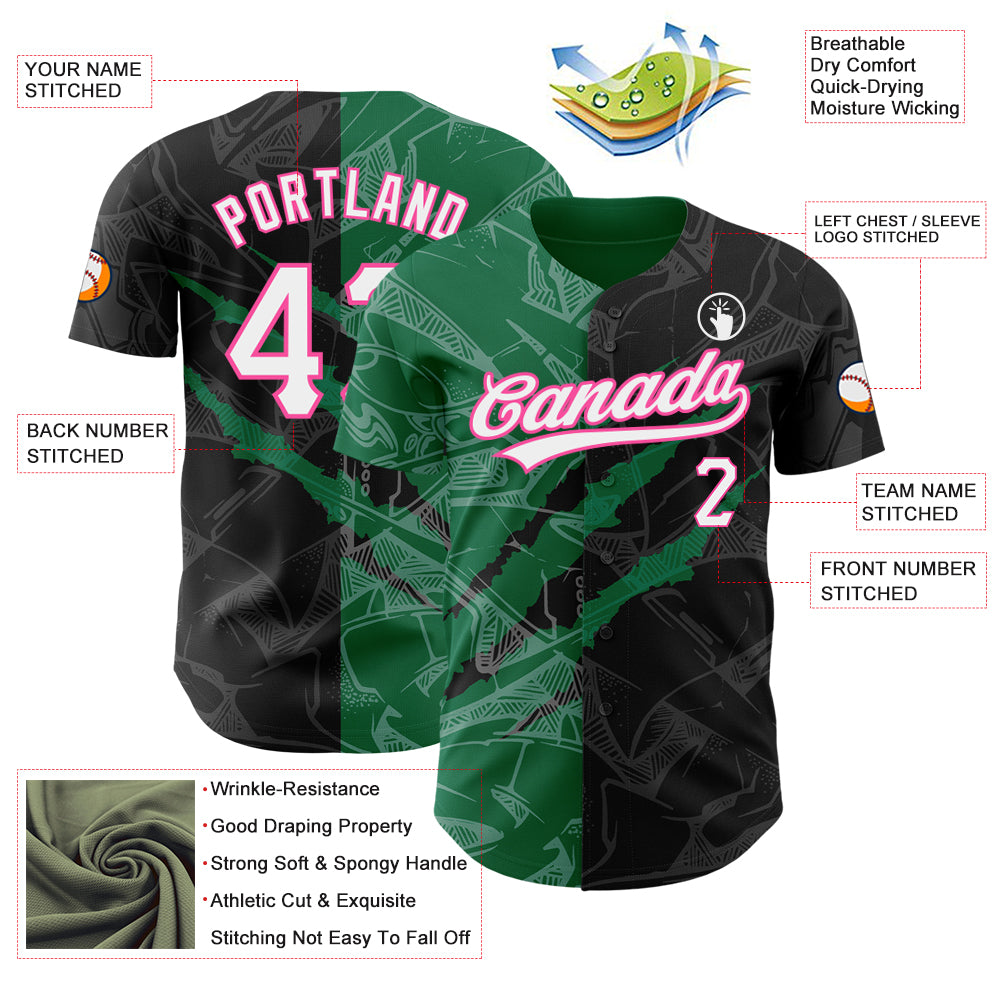 Custom Graffiti Pattern Black Kelly Green-Pink 3D Scratch Authentic Baseball Jersey