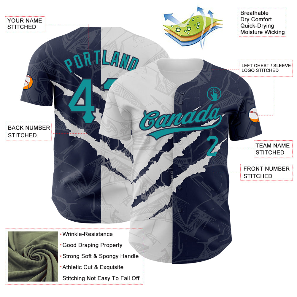 Custom Graffiti Pattern Teal-Navy 3D Scratch Authentic Baseball Jersey