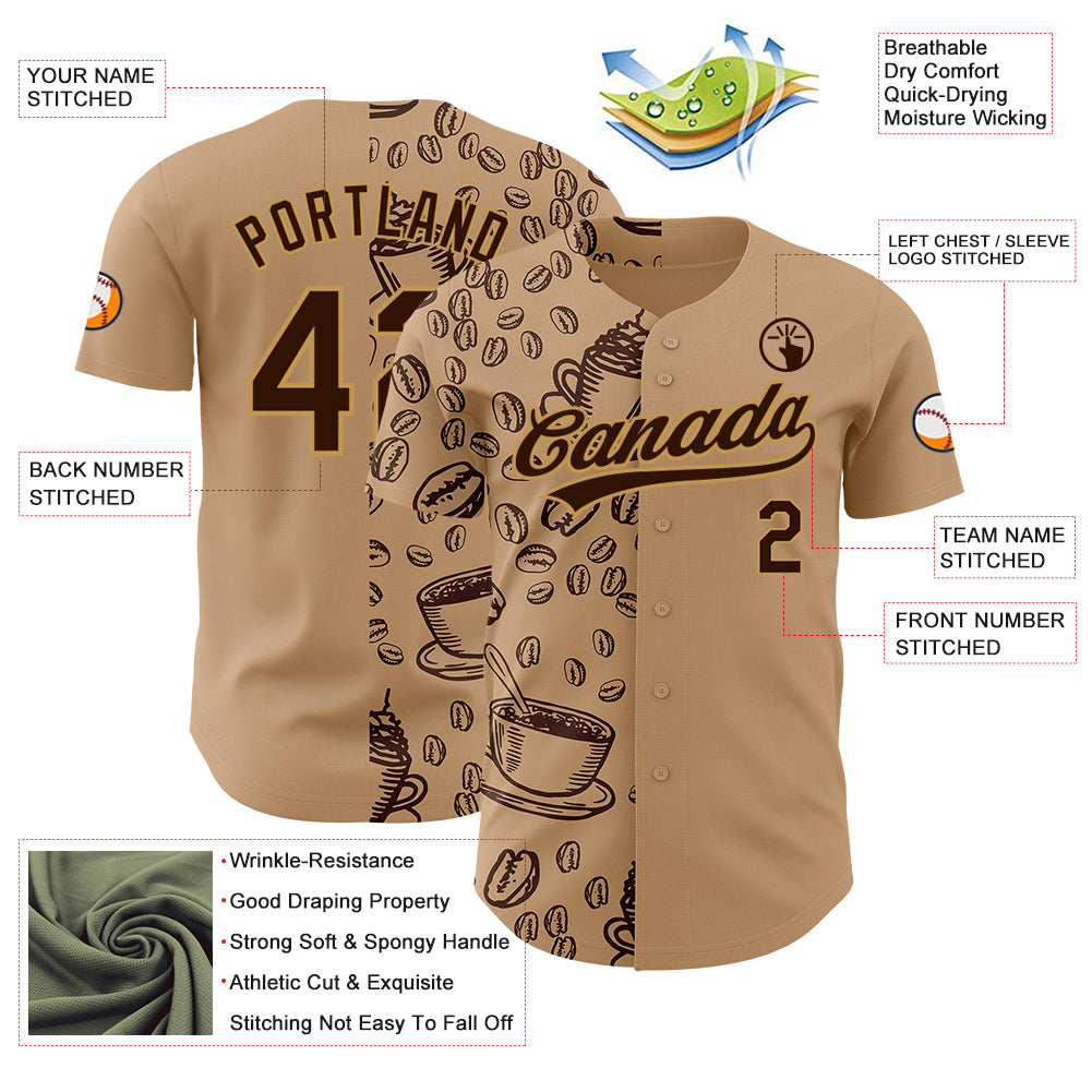 Custom Brown Old Gold 3D Pattern Design International Coffee Day Authentic Baseball Jersey