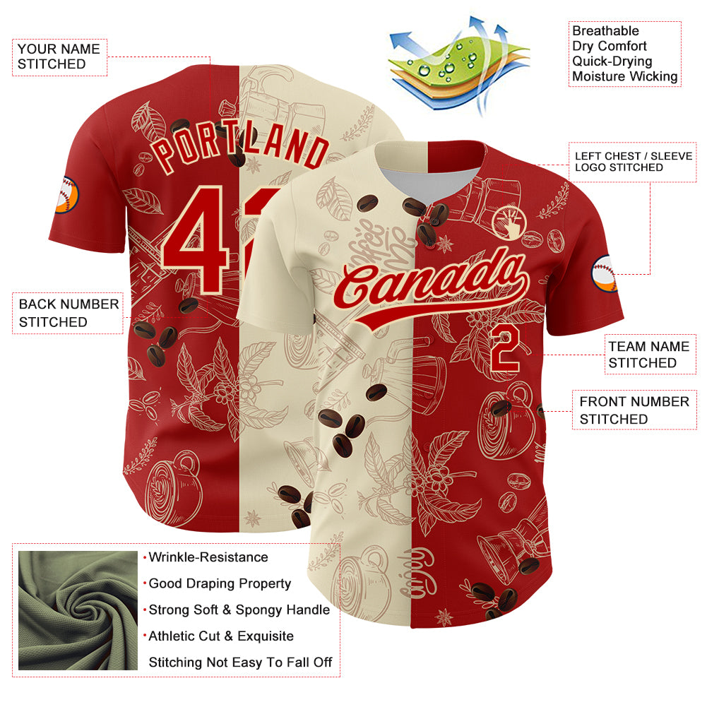 Custom Cream Red 3D Pattern Design International Coffee Day Authentic Baseball Jersey
