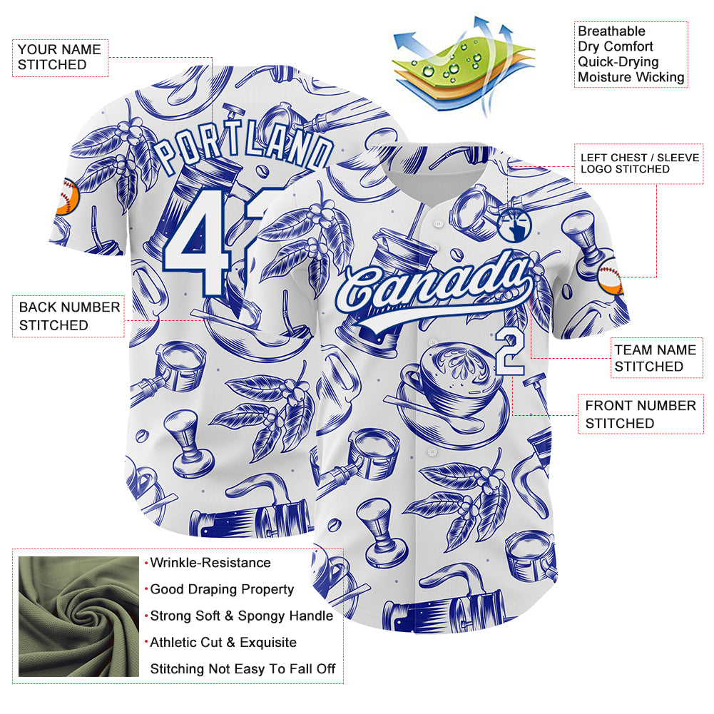 Custom White Royal 3D Pattern Design International Coffee Day Authentic Baseball Jersey