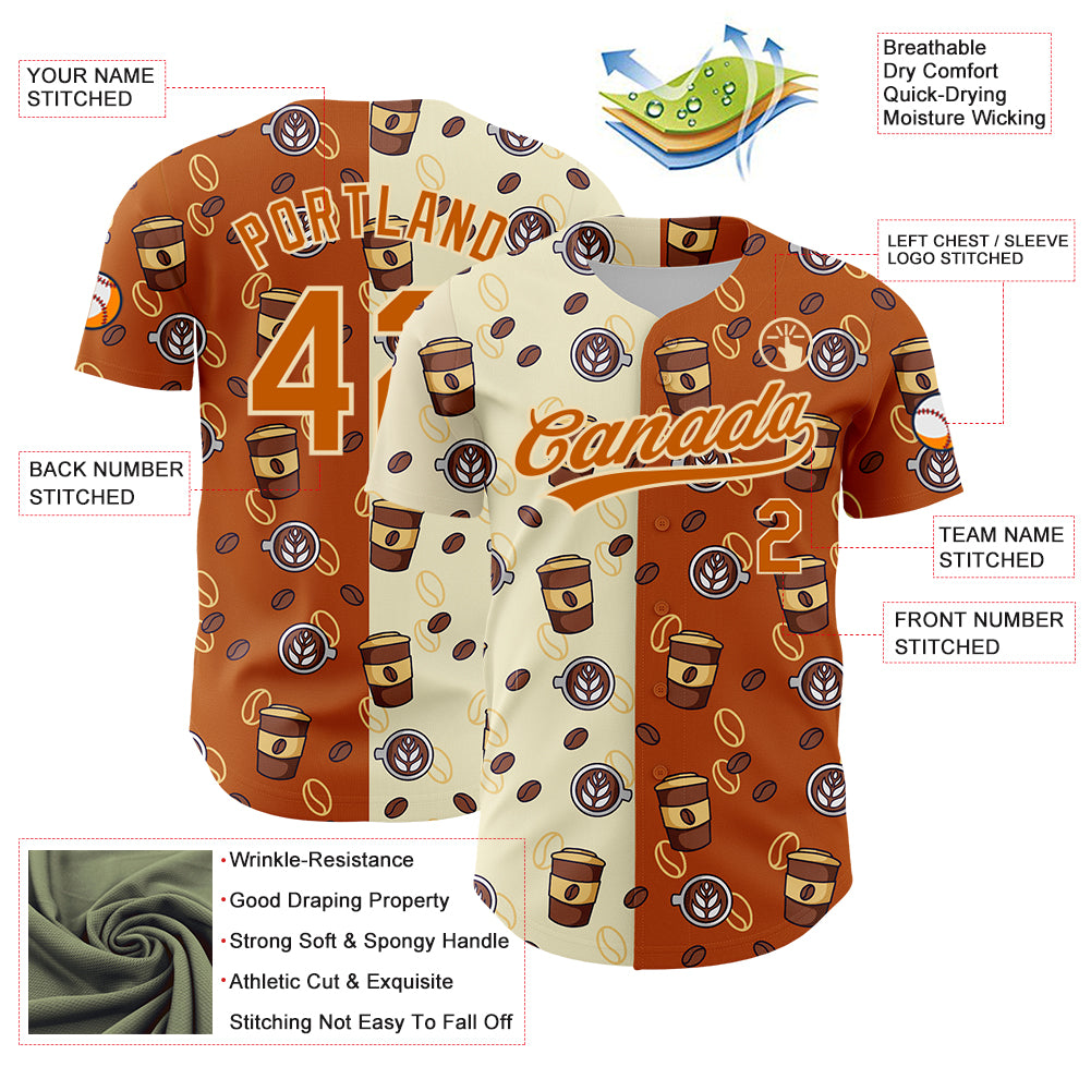 Custom Cream Texas Orange 3D Pattern Design International Coffee Day Authentic Baseball Jersey