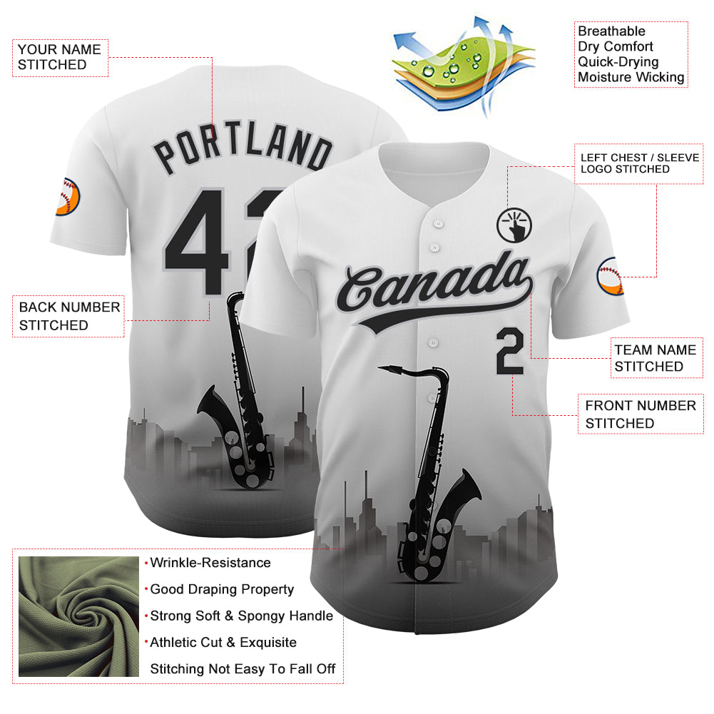 Custom White Black-Gray 3D Pattern Design City Of Jazz Music Authentic Baseball Jersey