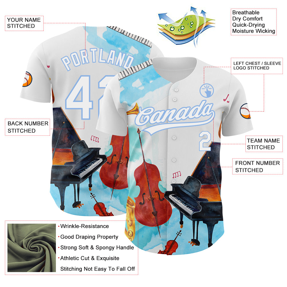 Custom White Light Blue 3D Pattern Design Music Festival Authentic Baseball Jersey