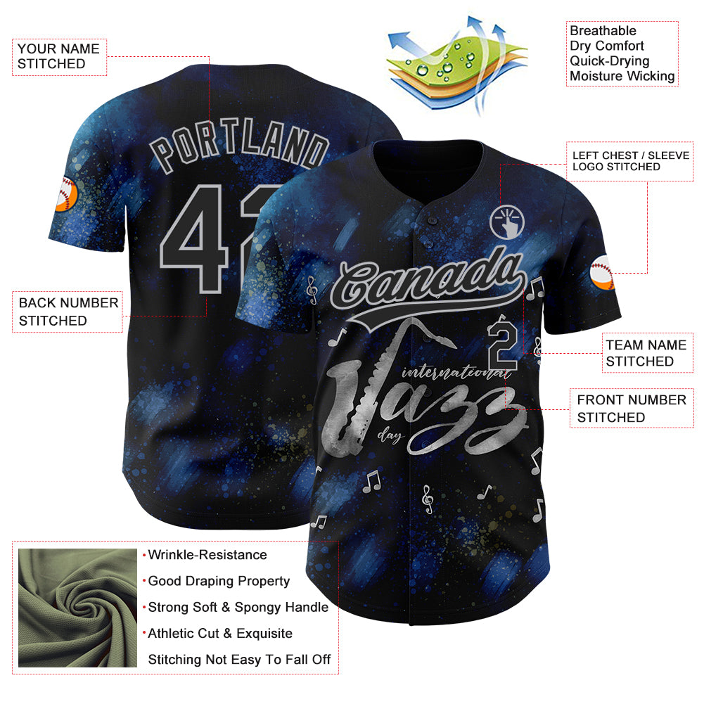Custom Black Gray 3D Pattern Design International Jazz Day Authentic Baseball Jersey