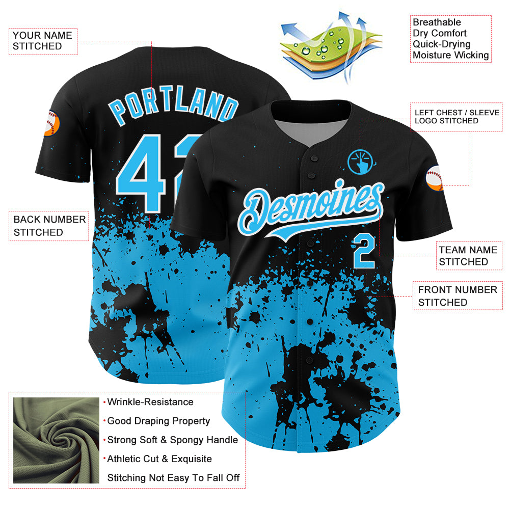 Custom Black Sky Blue-White 3D Pattern Design Abstract Splash Grunge Art Authentic Baseball Jersey