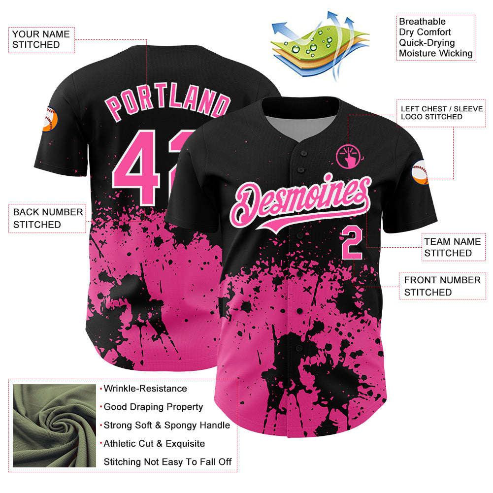 Custom Black Pink-White 3D Pattern Design Abstract Splash Grunge Art Authentic Baseball Jersey