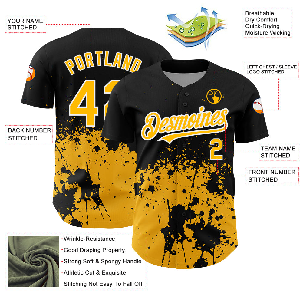 Custom Black Gold-White 3D Pattern Design Abstract Splash Grunge Art Authentic Baseball Jersey