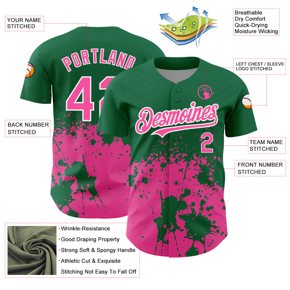 Custom Kelly Green Pink-White 3D Pattern Design Abstract Splash Grunge Art Authentic Baseball Jersey