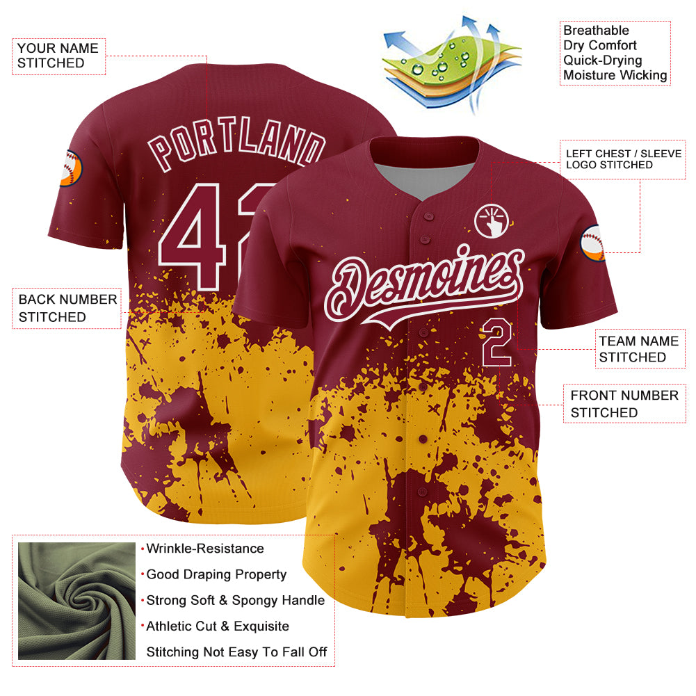 Custom Crimson Gold-White 3D Pattern Design Abstract Splash Grunge Art Authentic Baseball Jersey