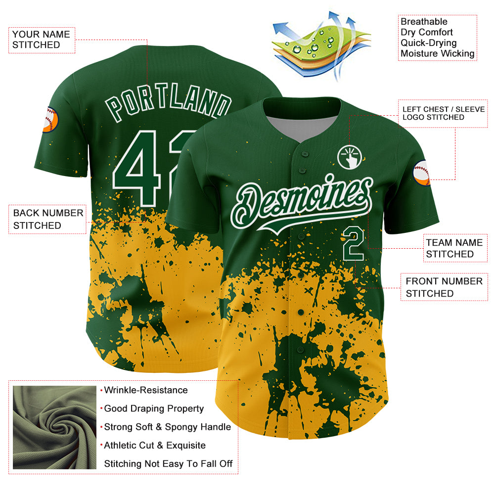 Custom Green Gold-White 3D Pattern Design Abstract Splash Grunge Art Authentic Baseball Jersey