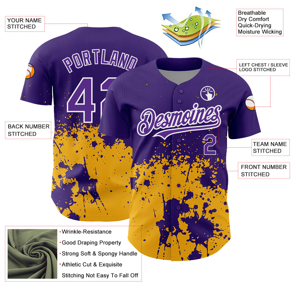Custom Purple Gold-White 3D Pattern Design Abstract Splash Grunge Art Authentic Baseball Jersey