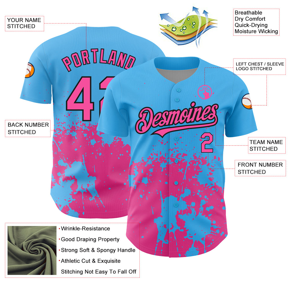 Custom Sky Blue Pink-Black 3D Pattern Design Abstract Splash Grunge Art Authentic Baseball Jersey