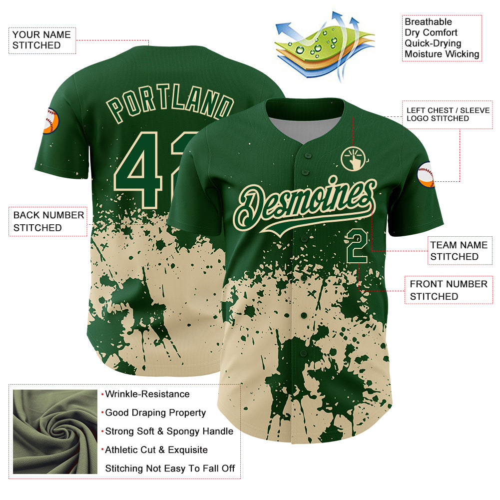 Custom Green City Cream 3D Pattern Design Abstract Splash Grunge Art Authentic Baseball Jersey