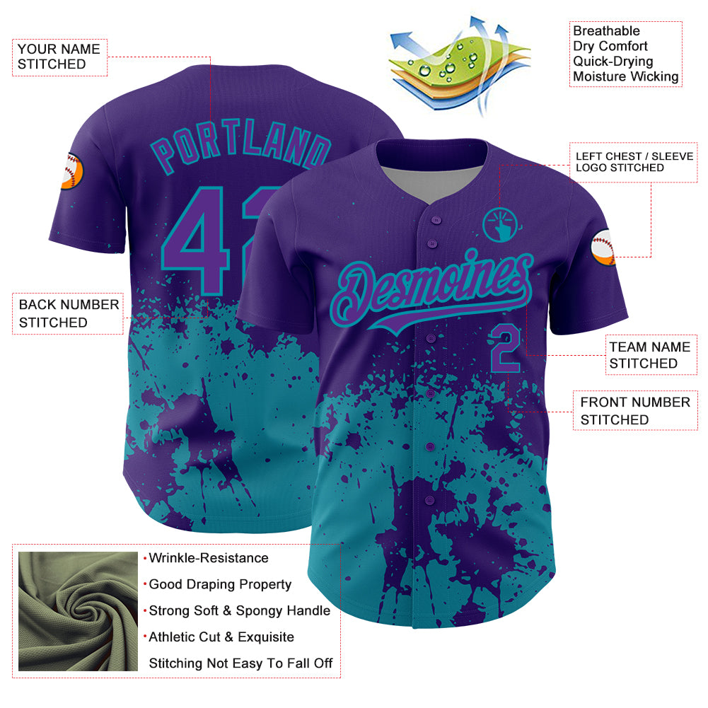 Custom Purple Teal 3D Pattern Design Abstract Splash Grunge Art Authentic Baseball Jersey
