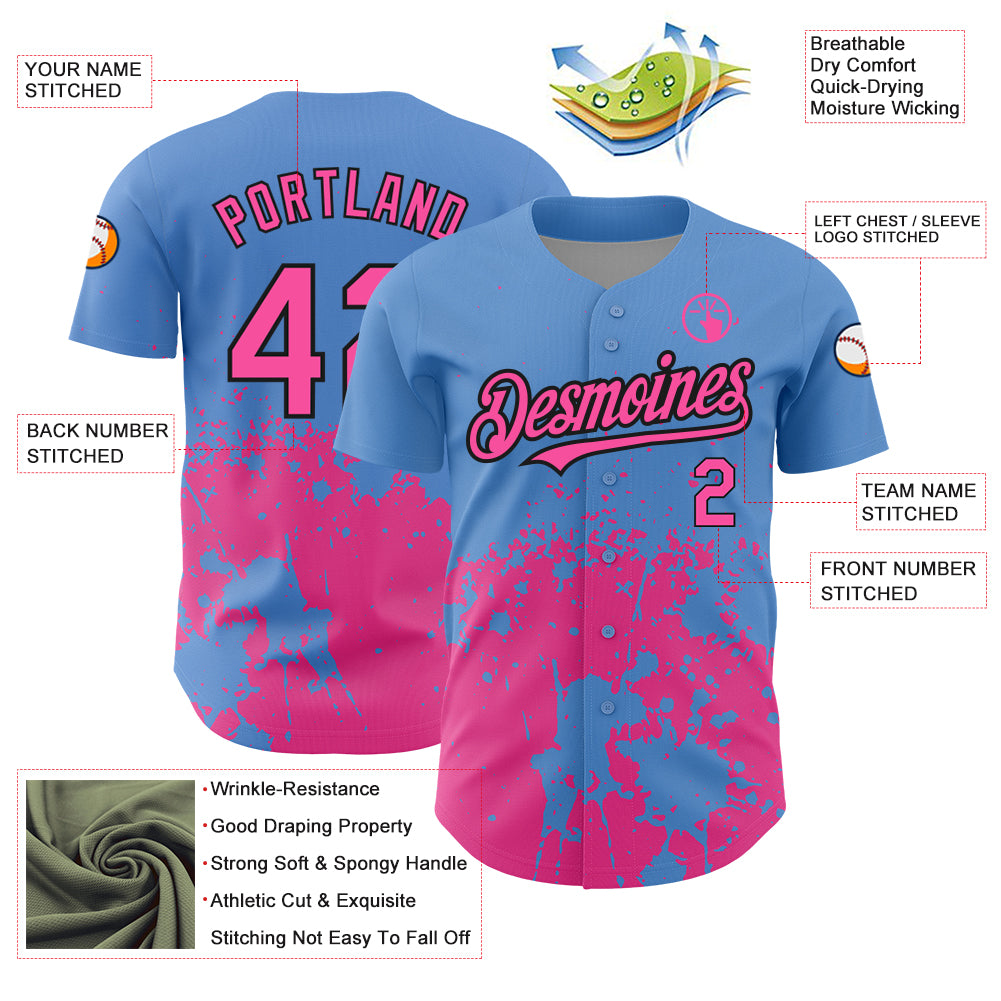Custom Light Blue Pink-Black 3D Pattern Design Abstract Splash Grunge Art Authentic Baseball Jersey
