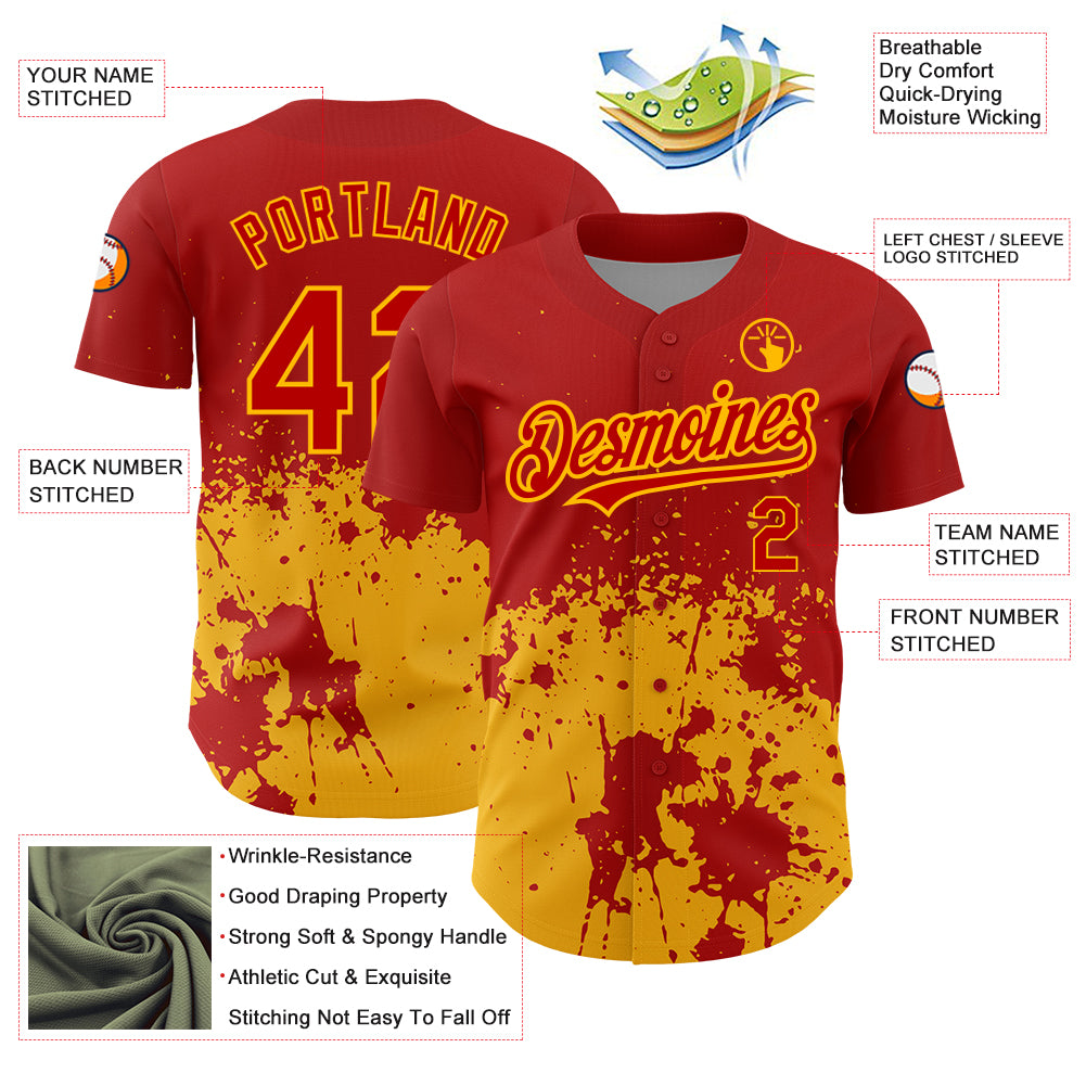 Custom Red Gold 3D Pattern Design Abstract Splash Grunge Art Authentic Baseball Jersey
