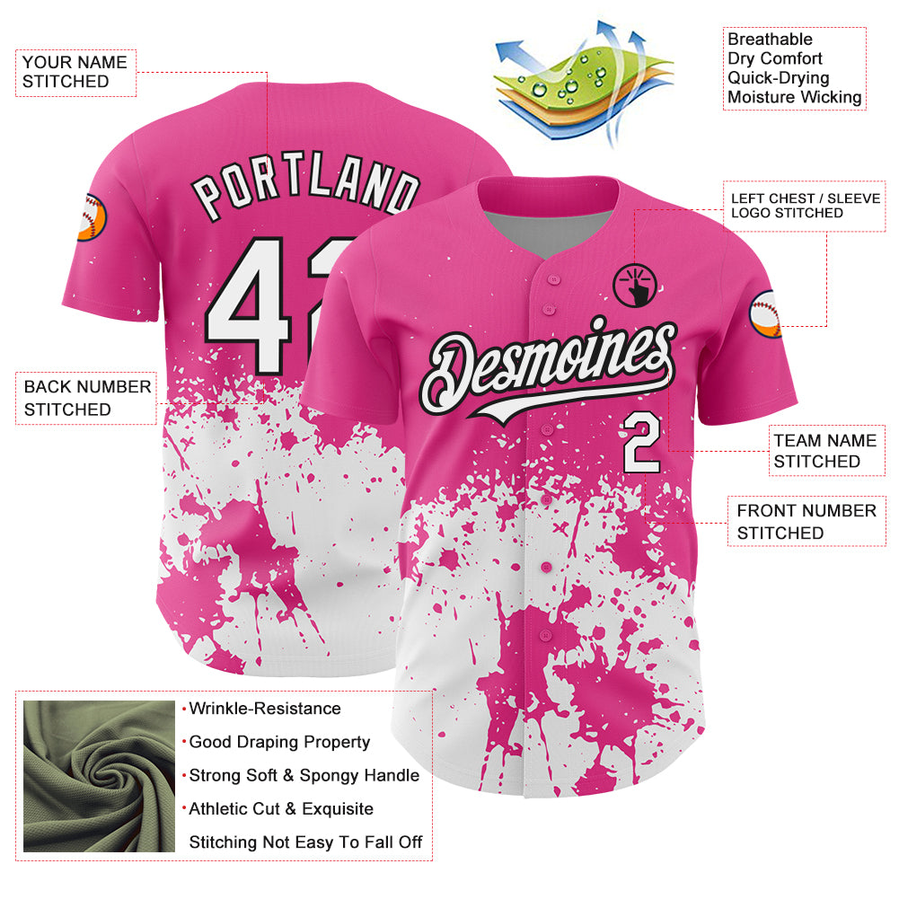 Custom Pink White-Black 3D Pattern Design Abstract Splash Grunge Art Authentic Baseball Jersey